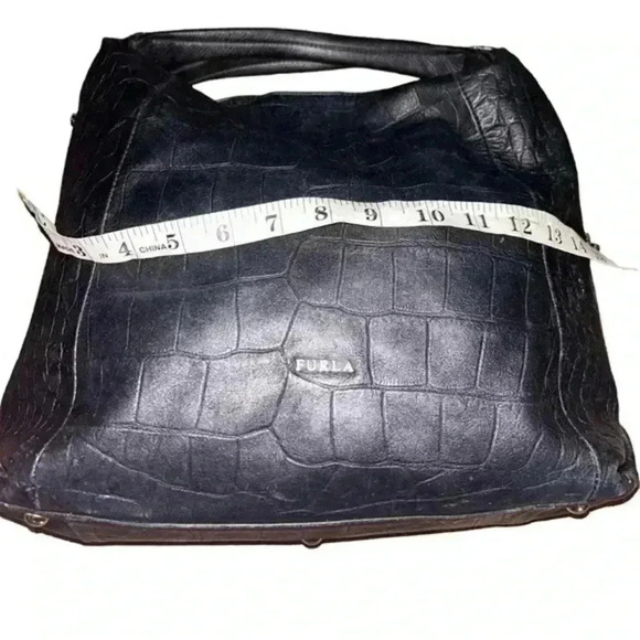 Furla Black Leather Croc‎ Embossed Shoulder Bag Purse - Picture 4 of 16